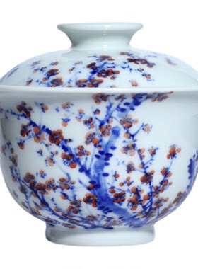 景德镇小桥窑青花梅花小盖碗茶杯