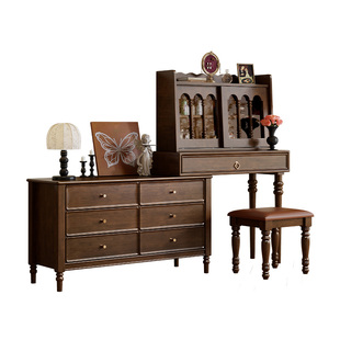 法式中古风实木梳妆台斗柜一体收纳转角化妆桌美式床尾柜梳妆台柜