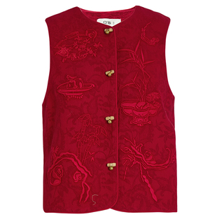 QS秸熙春秋新款复古新中式提花马夹立体绣花无袖马甲显瘦叠穿外套