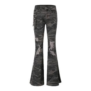 y2k轻亚文化设计感迷彩破洞牛仔裤子辣妹低腰微喇叭拖地长裤子ins