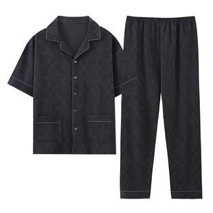 中年爸爸男士睡衣夏季纯棉短袖长裤半袖中老年家居服夏天薄款套装