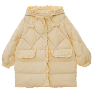 女童2025冬季可爱连帽中长款保暖立体蝴蝶结甜美小清新羽绒服外套