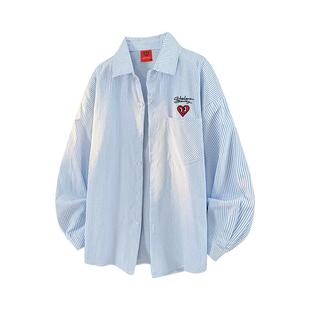 查尔斯桃心日系条纹长袖衬衫男春秋季宽松休闲百搭情侣衬衣服外套
