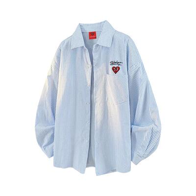 查尔斯桃心日系条纹长袖衬衫男春秋季宽松休闲百搭情侣衬衣服外套