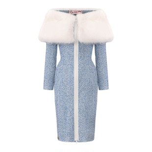 le palais vintage复古芭比 蓝色花尼大毛领修身外套长款铅笔裙