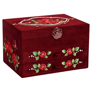 唯伊辰高档玫瑰国风刺绣首饰盒黄金珍珠项链大容量收纳情人节礼物