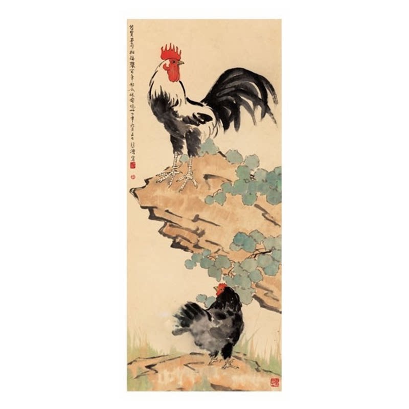 徐悲鸿《鸡图》真迹高清微喷复制成品仿古画竖版立轴挂墙装饰字画