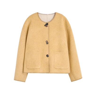 紫涵短款羊毛双面呢外套女2025冬季新款宽松保暖锁边圆领毛呢外套