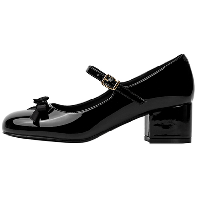 Miaolv College法式蝴蝶结玛丽珍鞋女一字带粗跟浅口学院风小皮鞋