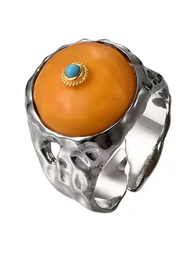 新款天然蜜蜡戒指S925纯银镶绿松石指环女复古原创不规则锤纹R27