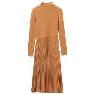 OVV秋冬新款女装针织半高领拼接梭织百褶休闲长袖连衣裙