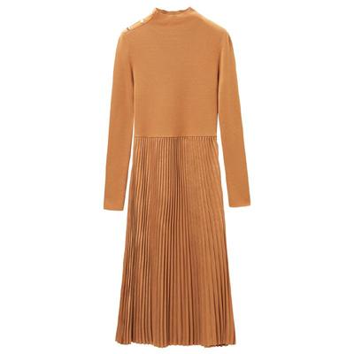 OVV秋冬新款女装针织半高领拼接梭织百褶休闲长袖连衣裙