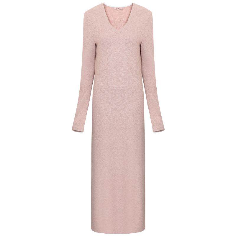 COCOBELLA气质V领粉色休闲连衣裙25女秋冬通勤针织长裙FR3242