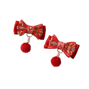 儿童新年发饰 女童蝴蝶结红发卡 节日红色系布艺发夹 扎马尾头绳