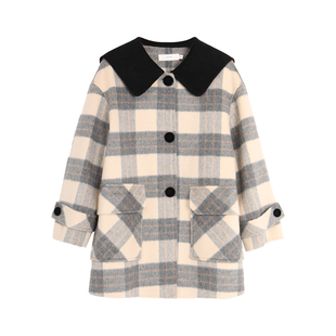 西町村屋双面呢女冬新款学院感百搭格纹羊毛中长款大衣HD8209015