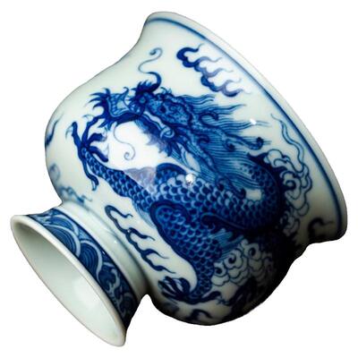 三勤堂手绘青花龙纹陶瓷高足杯