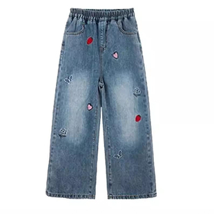 小猪班纳女童牛仔裤直筒刺绣长裤新款宽松洋气中大童春秋阔腿裤子