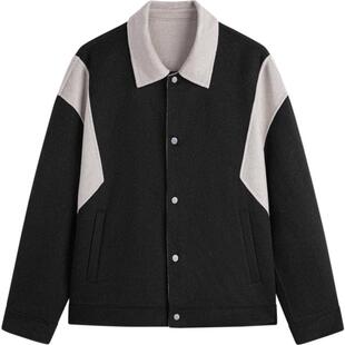 GXG男装 黑色撞色拼接设计翻领毛呢大衣外套男士 2023年冬季品