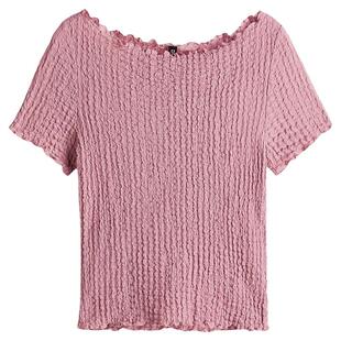 HM女装T恤夏季波嬉风穿搭一字肩修身皱感短袖上衣1273062