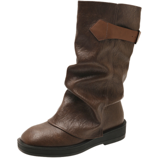 厚底马丁靴女款2025新款秋季棕色靴子英伦风显瘦中筒堆堆裤管短靴