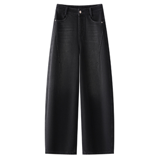 美式复古黑色弯刀牛仔裤女2025新款冬季加绒高腰显瘦阔腿镰刀裤子