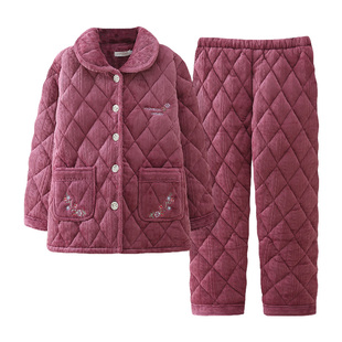 中老年妈妈睡衣女士秋冬季三层加厚加绒珊瑚绒夹棉袄法兰绒家居服