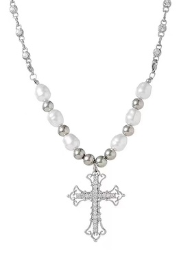 scandium珍珠水钻串珠十字架项链