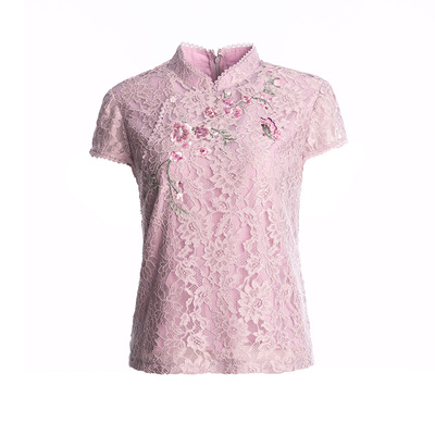 渔牌女装衬衣2022新款女夏古典旗袍领蕾丝女士休闲上衣FGEB2295