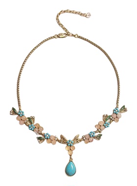 欧美宫廷中古vintage复古气质做旧水滴蓝松石花朵短款项链耳环女