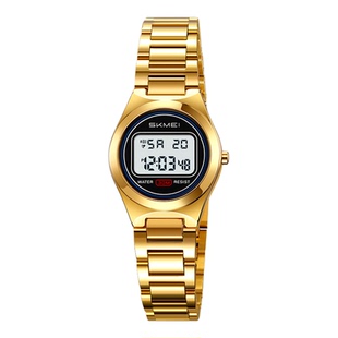 SKMEI时刻美单显数字不锈钢 钢带防水休闲多功能简约女士电子手表