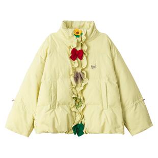KEIKO 编织花饰立领加厚棉服女冬季甜美风别致短款小棉袄面包服