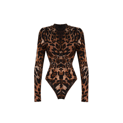 XULU原创水晶麻双面豹纹印花长袖连体衣性感修身V领打底衫上衣