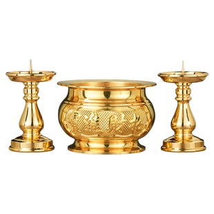 纯黄铜合金香炉家用室内供奉蜡烛台座佛具用品全套敬神插蜡烛底座