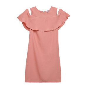 漏肩荷叶边直筒连衣裙子夏季大码女装露肩粉红色2024新款端庄大气