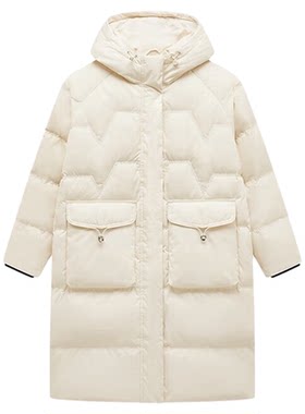 特步中长款连帽羽绒服女冬保暖
