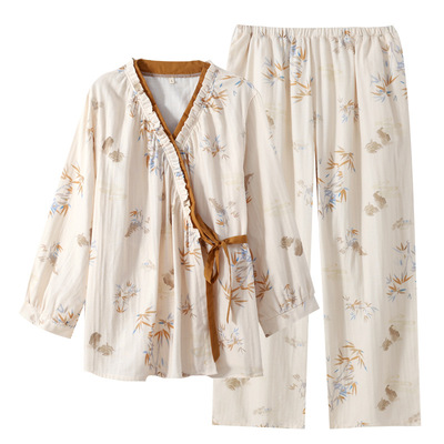 国风纯棉双层纱布睡衣女和服套装