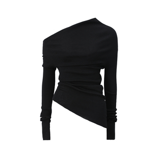 Mogas重磅18针100纯羊毛不对称露肩一字领上衣显瘦打底针织衫女春