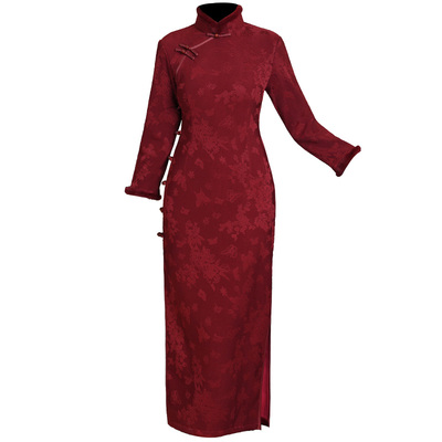 深红色加绒加厚旗袍冬装妈妈婚宴
