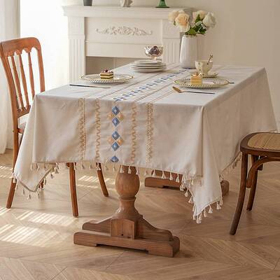 跨境防水防污桌布涤棉现代简约菱形感格防水餐桌刺绣防尘轻奢高级