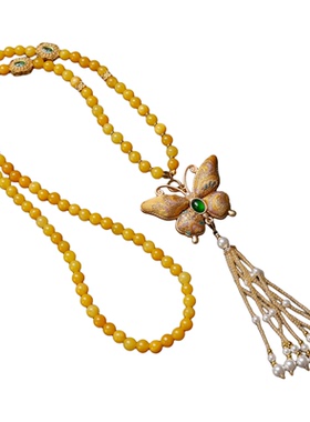 宋锦葫芦蝴蝶吊坠项链黄龙玉珠链
