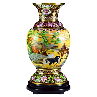 中景泰戴嘉林李荣魁北京景泰蓝花瓶20寸郊园牧马图紫铜胎掐丝珐琅