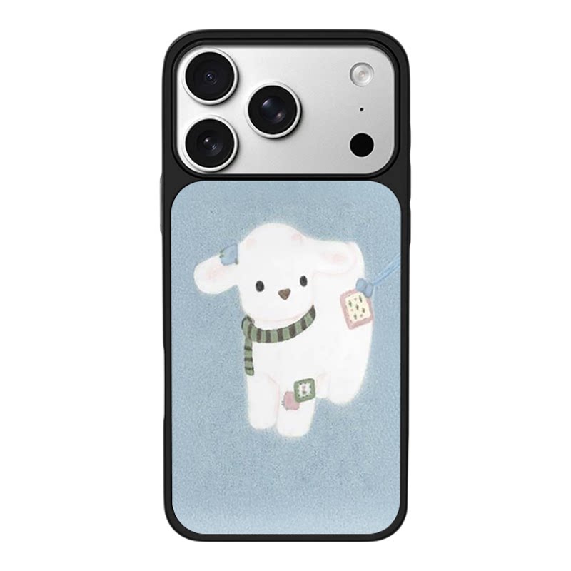 浅蓝渐变底条纹围巾垂耳小狗适用苹果17promax新款手机壳iPhone air/16pro/15plus14玻璃13pro小众手机套冰感