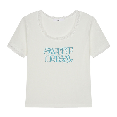 SLY 夏季新品甜美风蕾丝边字母圆领舒适短袖T恤030ISR90-3291