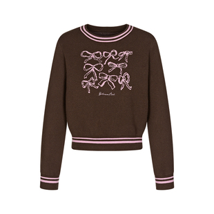 BETWEENAND 棕色蝴蝶结圆领小版针织上衣春秋套头芝麻底提花毛衣