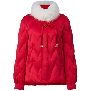 MAXRIENY中式优雅复古毛领棉服红色羽绒服短款新年拜年服薄款外套