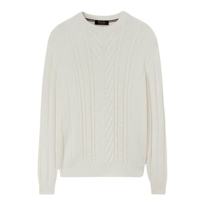 Loro Piana/诺悠翩雅男装白色羊毛编织罗纹圆领长袖毛衣