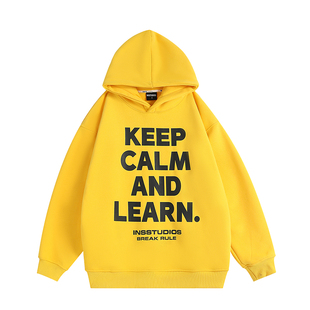 INSstudios 国潮牌情侣美式撞色字母LOGO黄色卫衣宽松加绒连帽衫