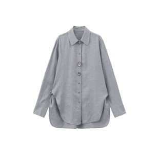 OWNSONG海岛微风 浅蓝色亚麻棉衬衫女钩花扣宽松长袖慵懒衬衣上衣