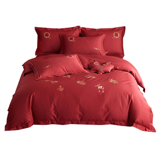 红豆100s长绒棉婚庆床上四件套纯棉全棉高端红色陪嫁结婚被套床单