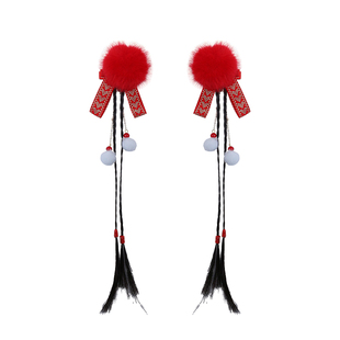 新年红色头饰儿童喜庆毛球假发辫蝴蝶结发夹宝宝过年古风汉服夹子